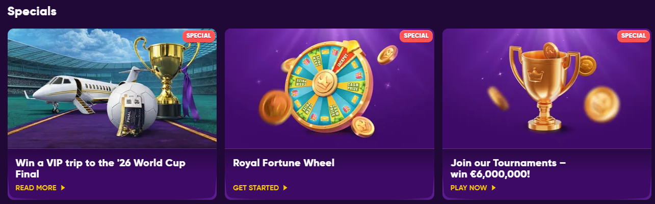 Kingmaker Casino specials — VIP trip, Royal Fortune Wheel, Tournaments