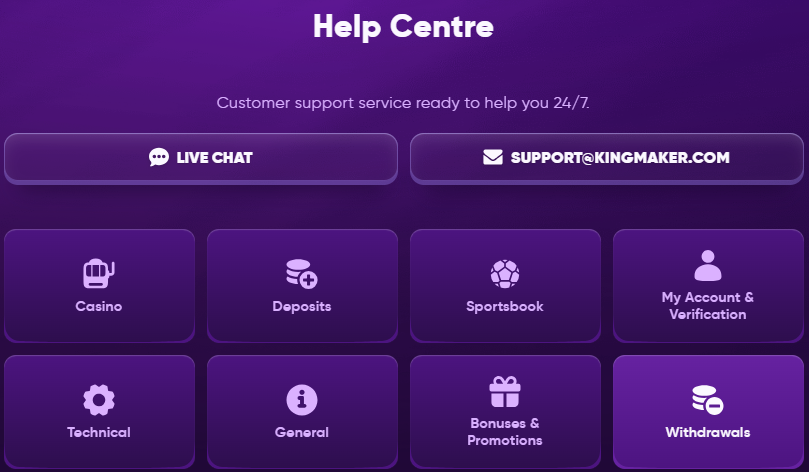 Kingmaker Casino Help Centre — live chat, email support, help categories